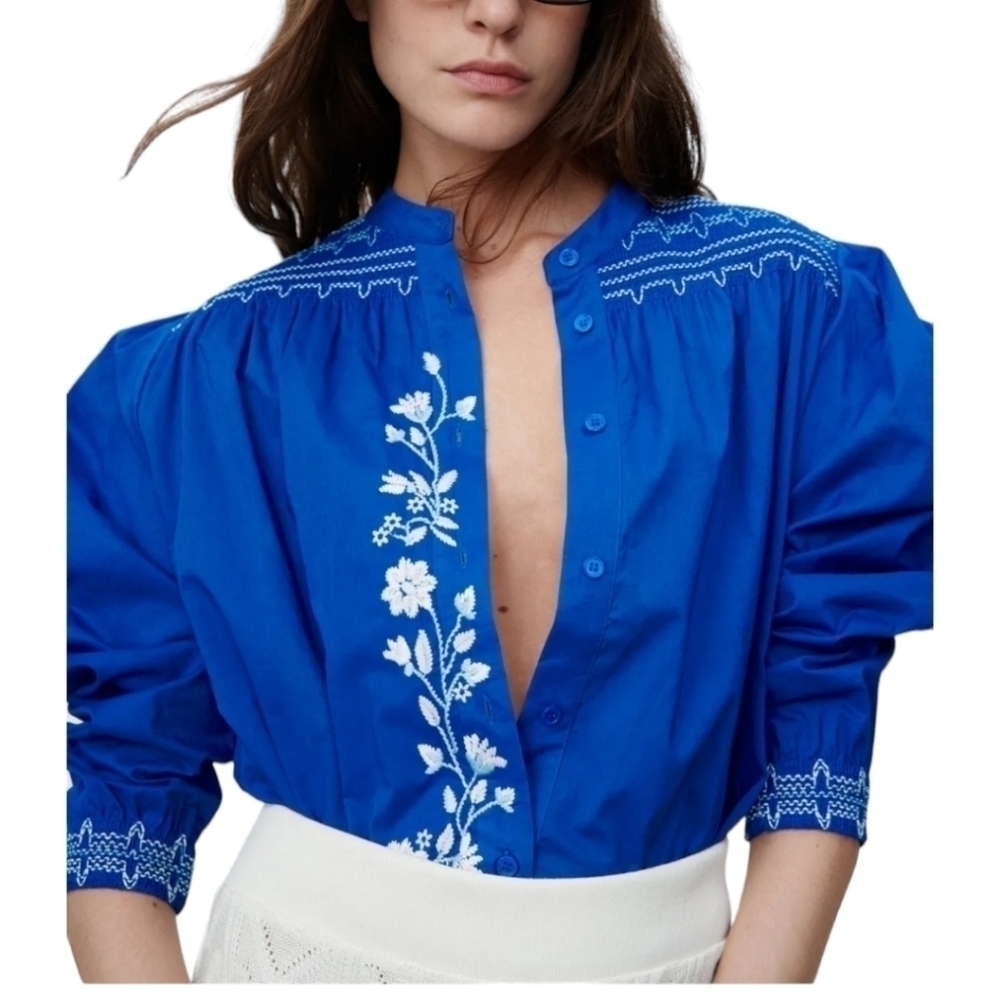 Zara Boxy Cropped Royal Blue Button-down Embroidered Shirt Size M